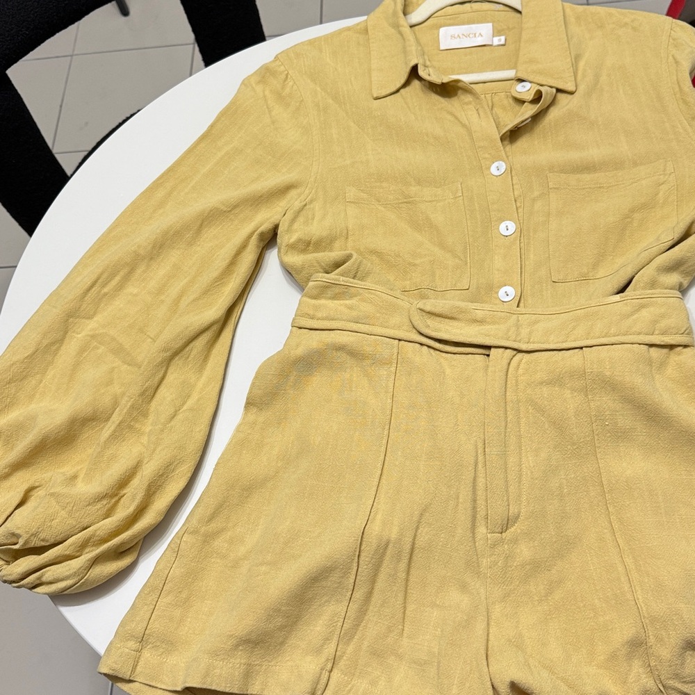 SANCIA Yellow Mustard Linen Set Women's Button-Up Blouse and Shorts‎ size S